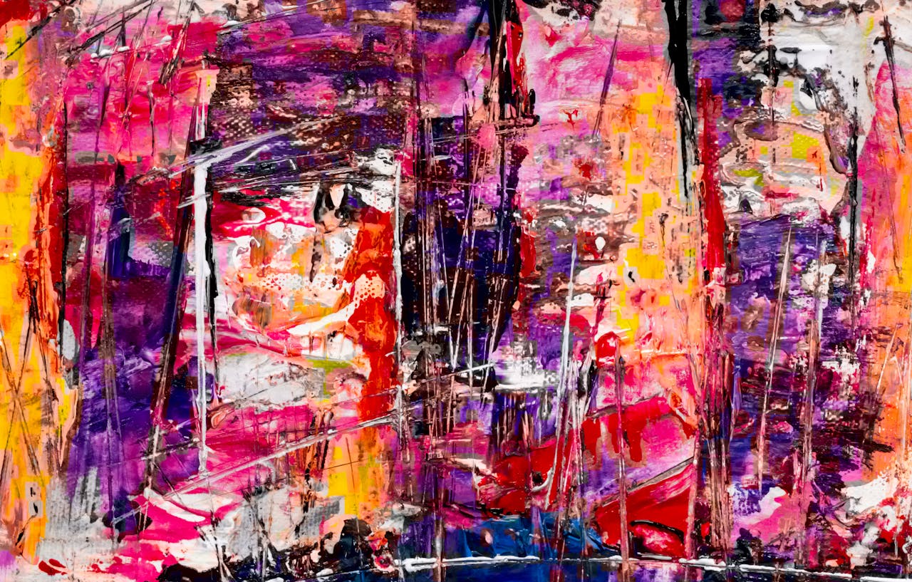 Colorful abstract painting with dynamic strokes on canvas, highlighting modern art expressionism.